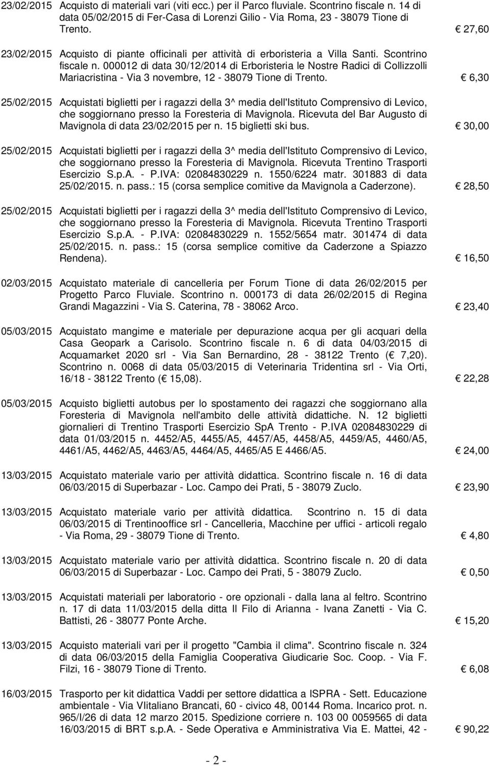 000012 di data 30/12/2014 di Erboristeria le Nostre Radici di Collizzolli Mariacristina - Via 3 novembre, 12-38079 Tione di Trento.