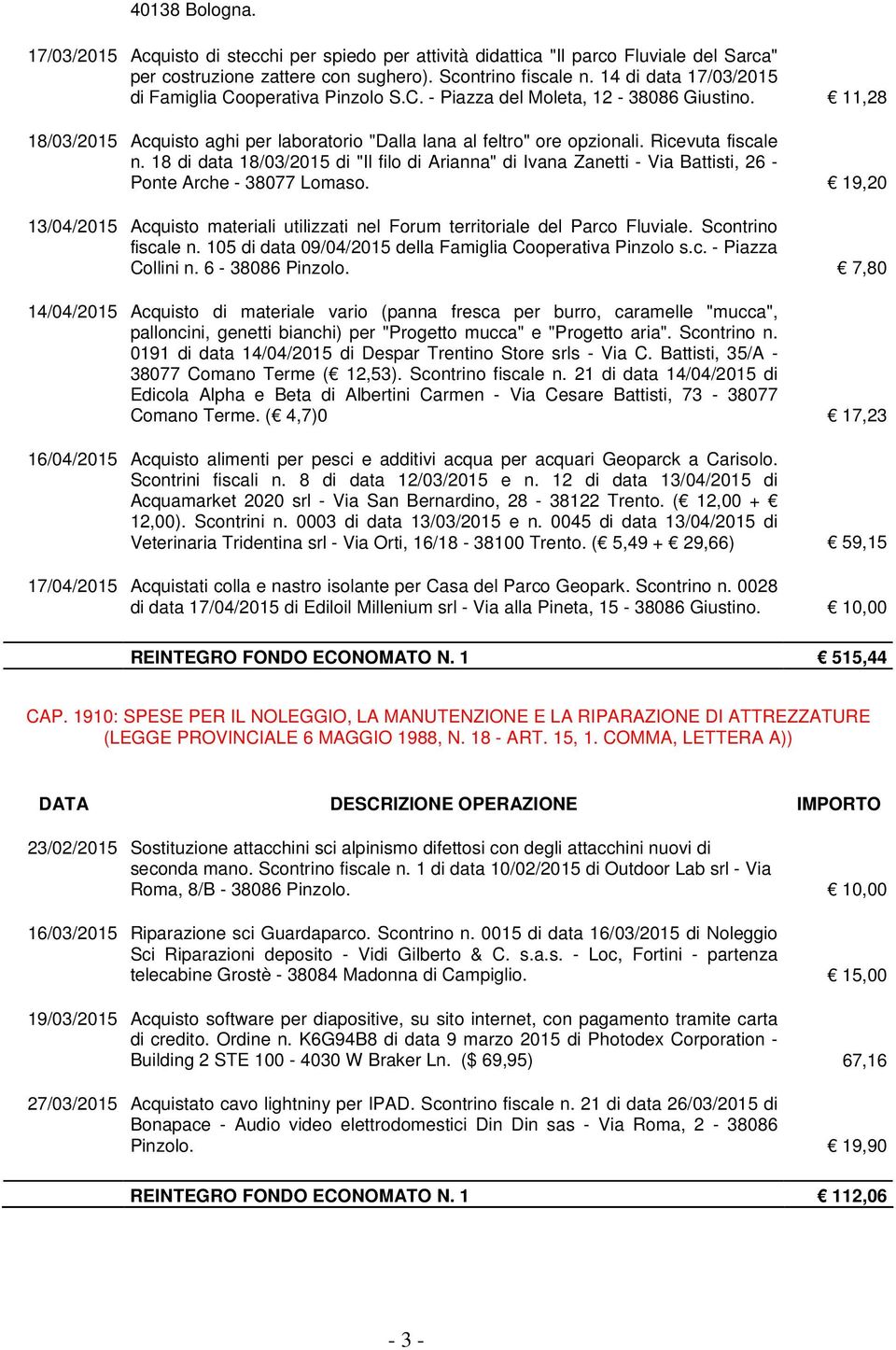 Ricevuta fiscale n. 18 di data 18/03/2015 di "Il filo di Arianna" di Ivana Zanetti - Via Battisti, 26 - Ponte Arche - 38077 Lomaso.