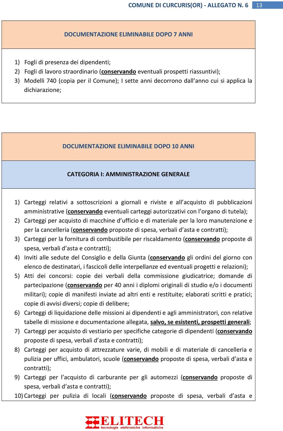 riviste e all acquisto di pubblicazioni amministrative (conservando eventuali carteggi autorizzativi con l organo di tutela); 2) Carteggi per acquisto di macchine d ufficio e di materiale per la loro