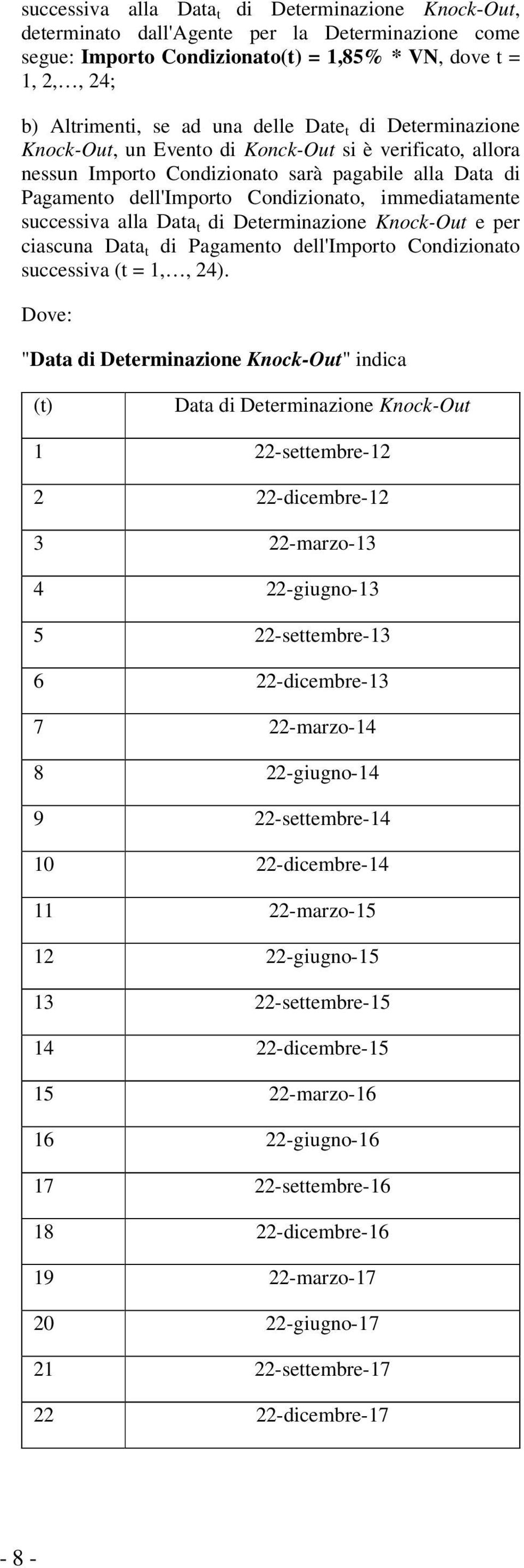 successiva alla Data t di Determinazione Knock-Out e per ciascuna Data t di Pagamento dell'importo Condizionato successiva (t = 1,, 24).