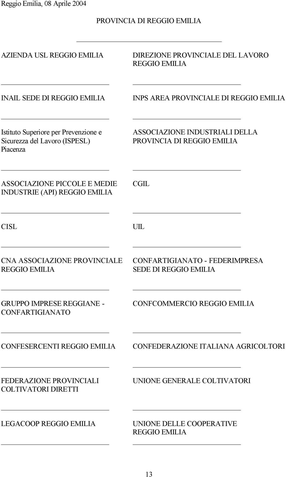 PROVINCIALI COLTIVATORI DIRETTI LEGACOOP REGGIO EMILIA DIREZIONE PROVINCIALE DEL LAVORO REGGIO EMILIA INPS AREA PROVINCIALE DI REGGIO EMILIA ASSOCIAZIONE INDUSTRIALI DELLA PROVINCIA DI REGGIO