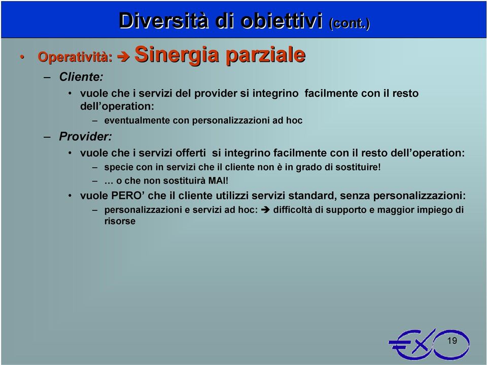 Provider: vuole che i servizi offerti si integrino facilmente con il resto dell operation: specie con in servizi che il cliente non è in