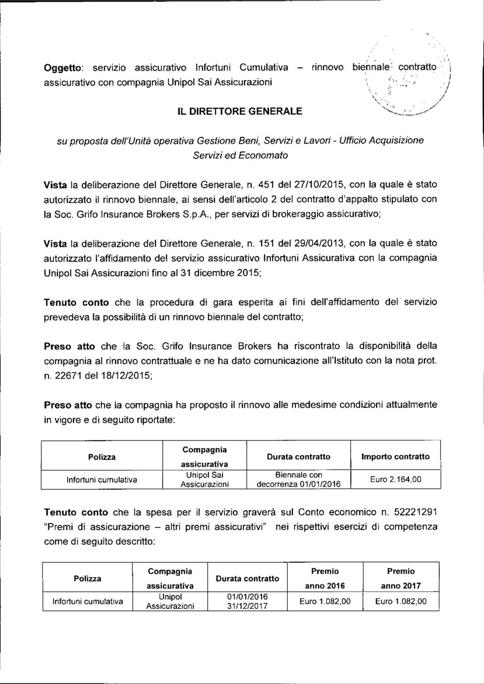 27/10/2015, con la quale è stato autorizzato il rinnovo biennale, ai sensi dell'articolo 2 del contratto d'appalto stipulato con la Soc. Grifo Insurance Brokers S,p.A.