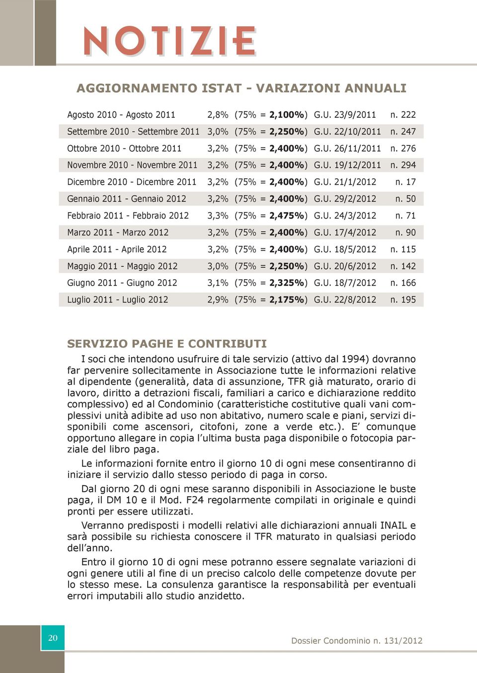 17 Gea 2011 - Gea 2012 3,2% (75% = 2,400%) G.U. 29/2/2012. 50 Febbra 2011 - Febbra 2012 3,3% (75% = 2,475%) G.U. 24/3/2012. 71 Marz 2011 - Marz 2012 3,2% (75% = 2,400%) G.U. 17/4/2012.