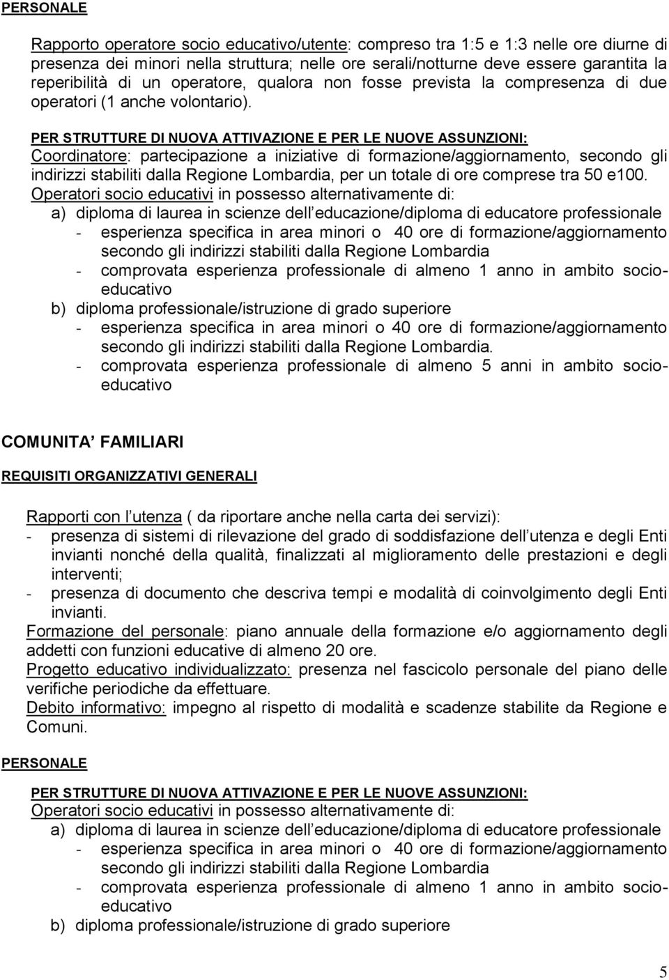 PER STRUTTURE DI NUOVA ATTIVAZIONE E PER LE NUOVE ASSUNZIONI: Coordinatore: partecipazione a iniziative di formazione/aggiornamento, secondo gli indirizzi stabiliti dalla Regione Lombardia, per un