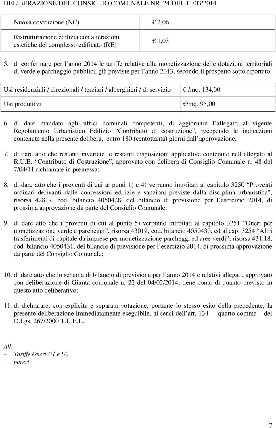 Usi residenziali / direzionali / terziari / alberghieri / di servizio /mq. 134,00 Usi produttivi /mq. 95,00 6.