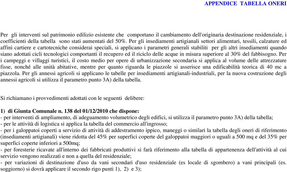 Per gli insediamenti artigianali settori alimentari, tessili, calzature ed affini cartiere e cartotecniche considerai speciali, si applicano i parametri generali stabiliti per gli altri insediamenti