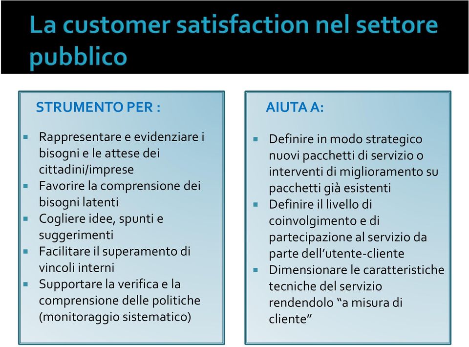 sistematico) Definire in modo strategico nuovi pacchetti di servizio o interventi di miglioramento su pacchetti già esistenti Definire il livello di