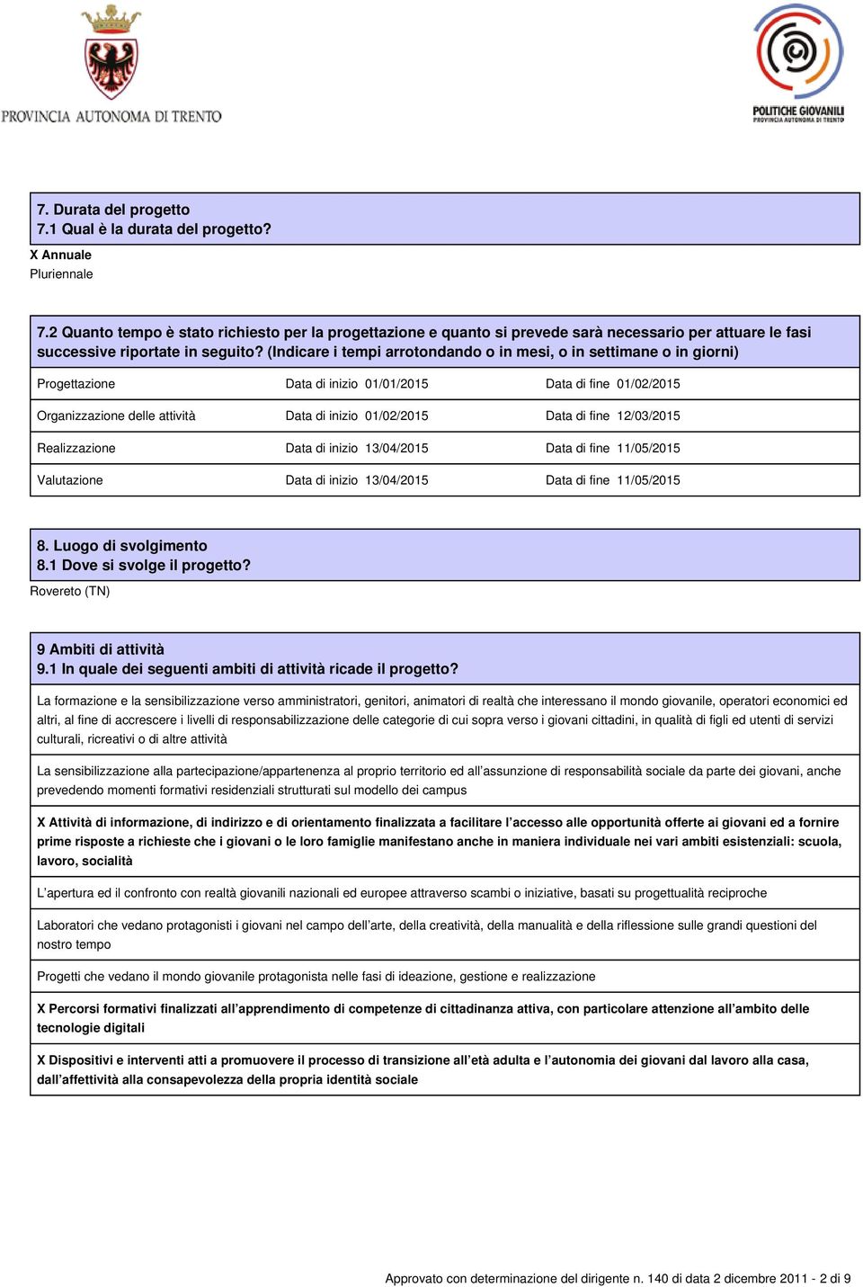 (Indicare i tempi arrotondando o in mesi, o in settimane o in giorni) Progettazione Data di inizio 01/01/2015 Data di fine 01/02/2015 Organizzazione delle attività Data di inizio 01/02/2015 Data di