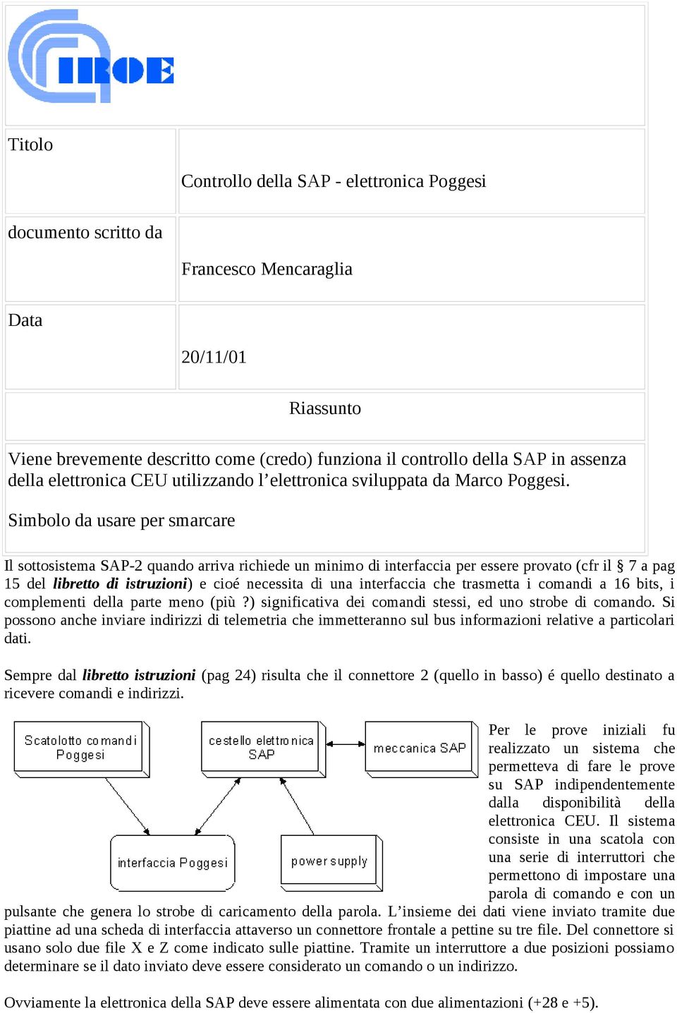 Simbolo da usare per smarcare Il sottosistema SAP-2 quando arriva richiede un minimo di interfaccia per essere provato (cfr il 7 a pag 15 del libretto di istruzioni) e cioé necessita di una