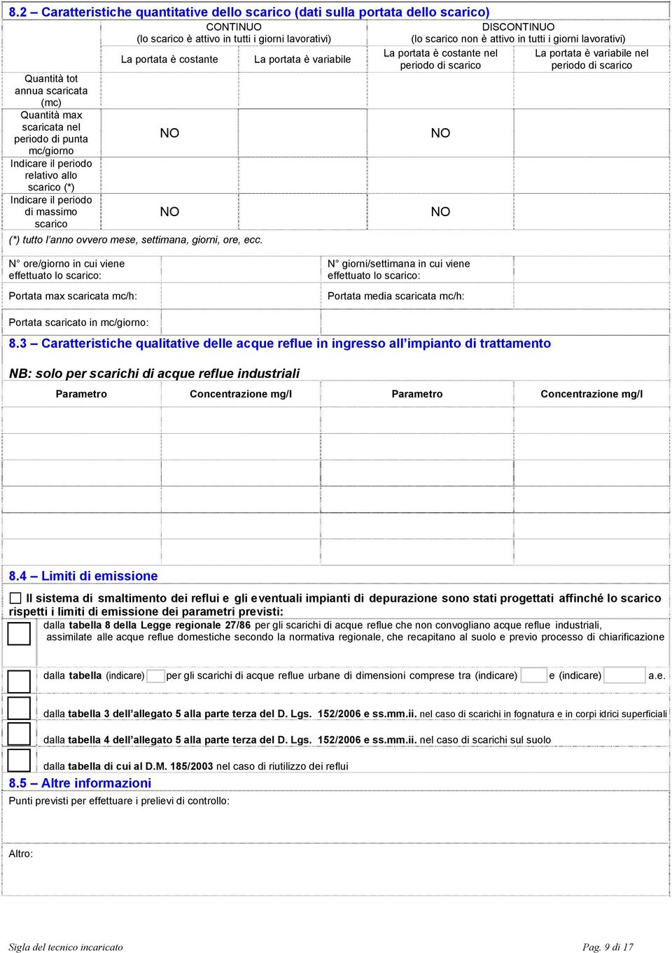 ecc. La portata è variabile DISCONTINUO (lo scarico non è attivo in tutti i giorni lavorativi) La portata è costante nel La portata è variabile nel periodo di scarico periodo di scarico NO NO N