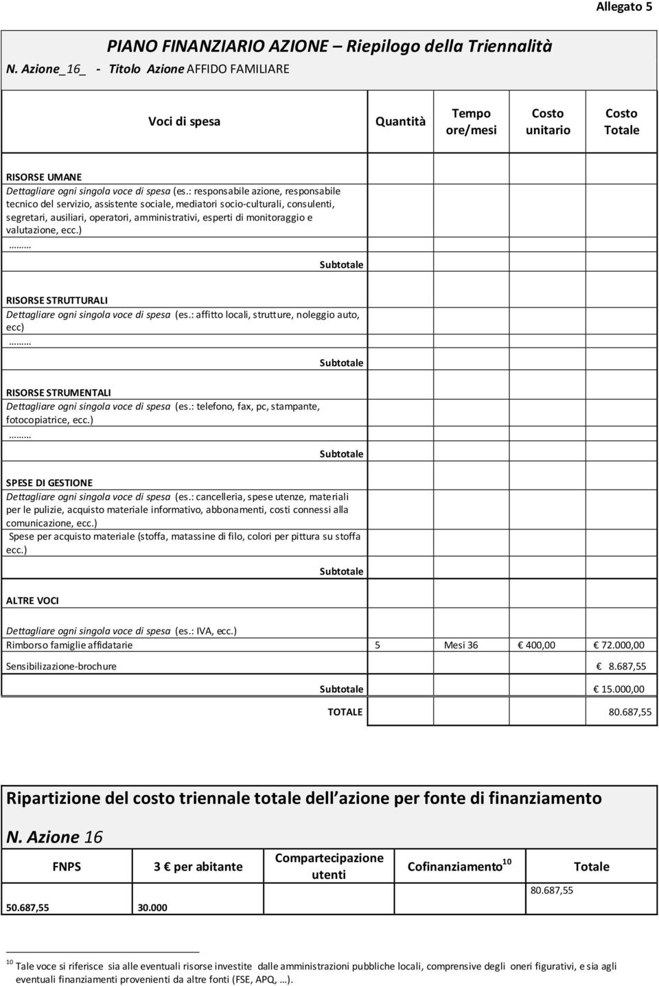 687,55 Ripartizione del costo triennale totale dell azione per fonte di finanziamento N. Azione 16 50.687,55 30.000 Cofinanziamento 10 80.