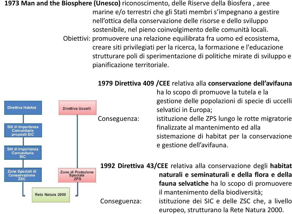 Obiettivi: promuovere una relazione equilibrata fra uomo ed ecosistema, creare siti privilegiati per la ricerca, la formazione e l'educazione strutturare poli di sperimentazione di politiche mirate