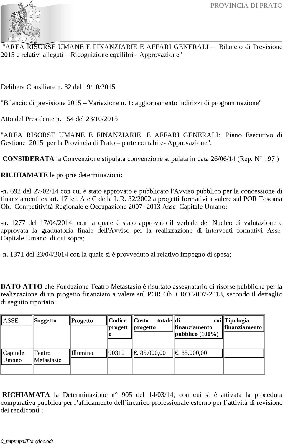 154 del 23/10/2015 "AREA RISORSE UMANE E FINANZIARIE E AFFARI GENERALI: Piano Esecutivo di Gestione 2015 per la Provincia di Prato parte contabile- Approvazione".