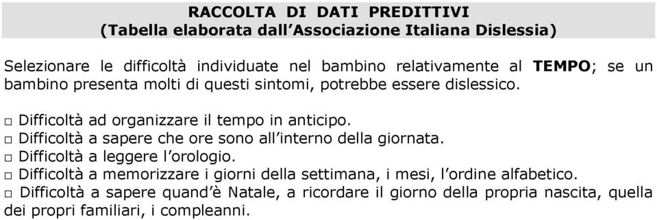 Difficoltà ad organizzare il tempo in anticipo. Difficoltà a sapere che ore sono all interno della giornata. Difficoltà a leggere l orologio.