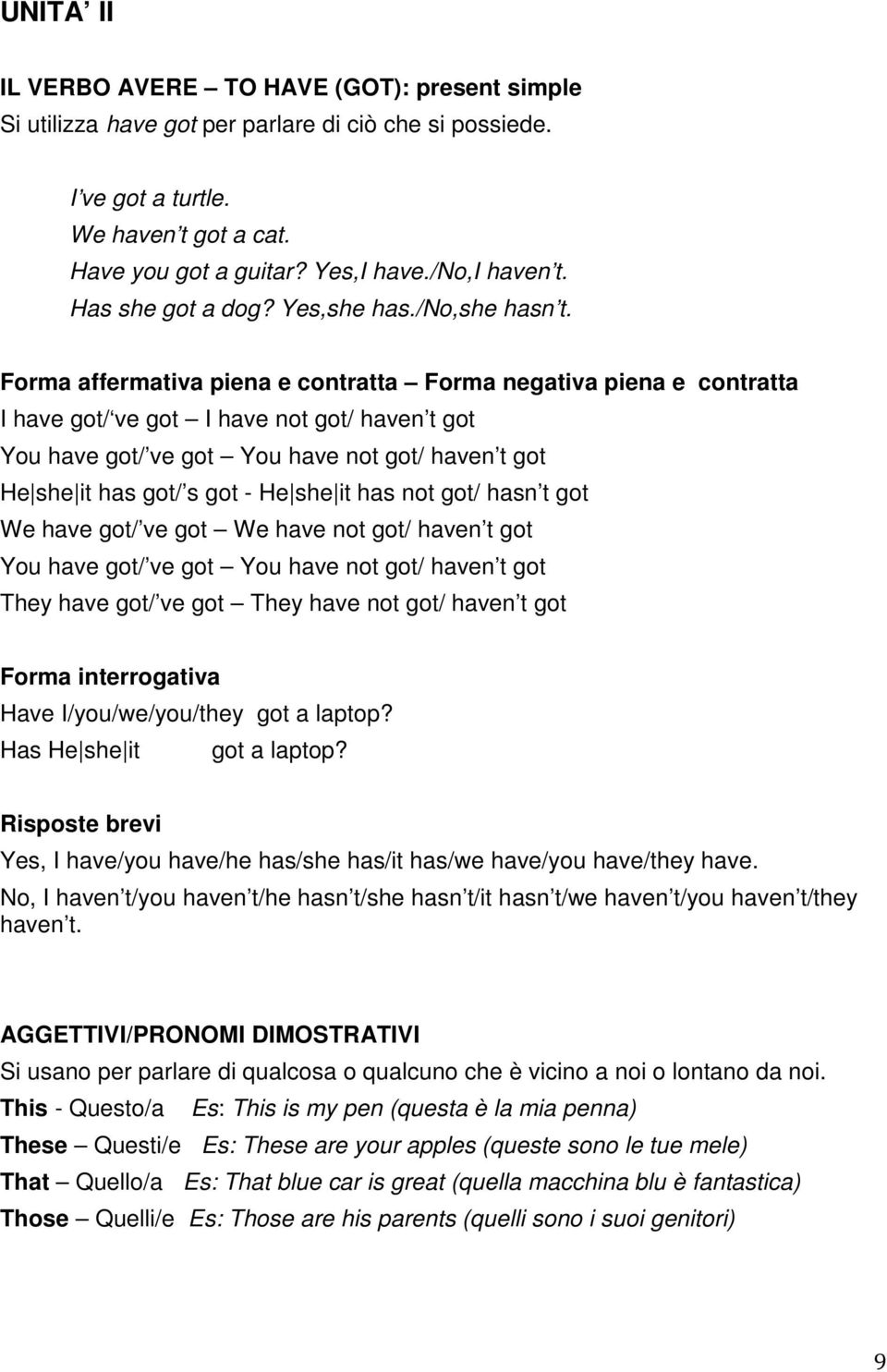 Forma affermativa piena e contratta Forma negativa piena e contratta I have got/ ve got I have not got/ haven t got You have got/ ve got You have not got/ haven t got He she it has got/ s got - He