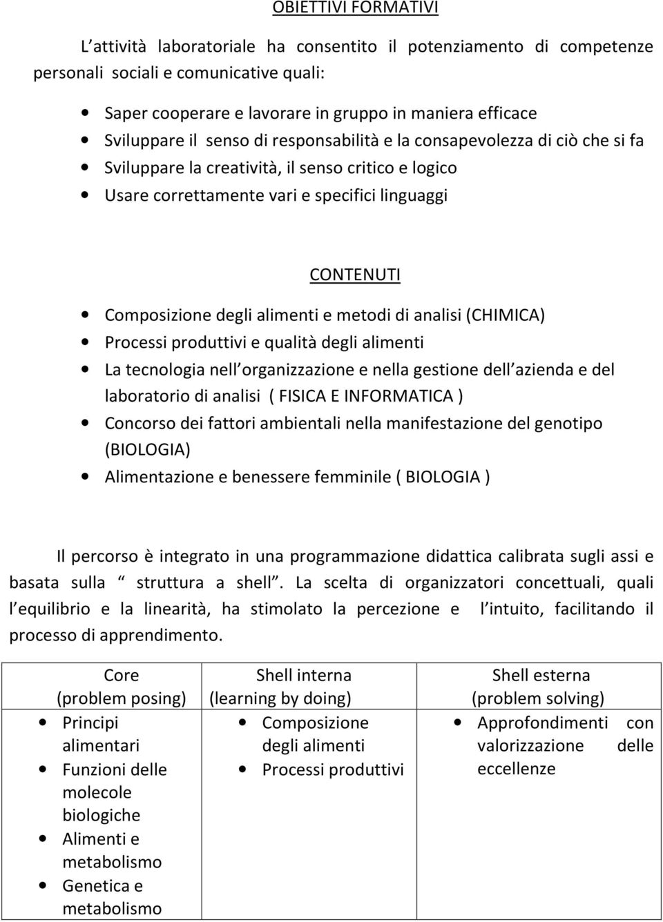 alimenti e metodi di analisi (CHIMICA) Processi produttivi e qualità degli alimenti La tecnologia nell organizzazione e nella gestione dell azienda e del laboratorio di analisi ( FISICA E INFORMATICA