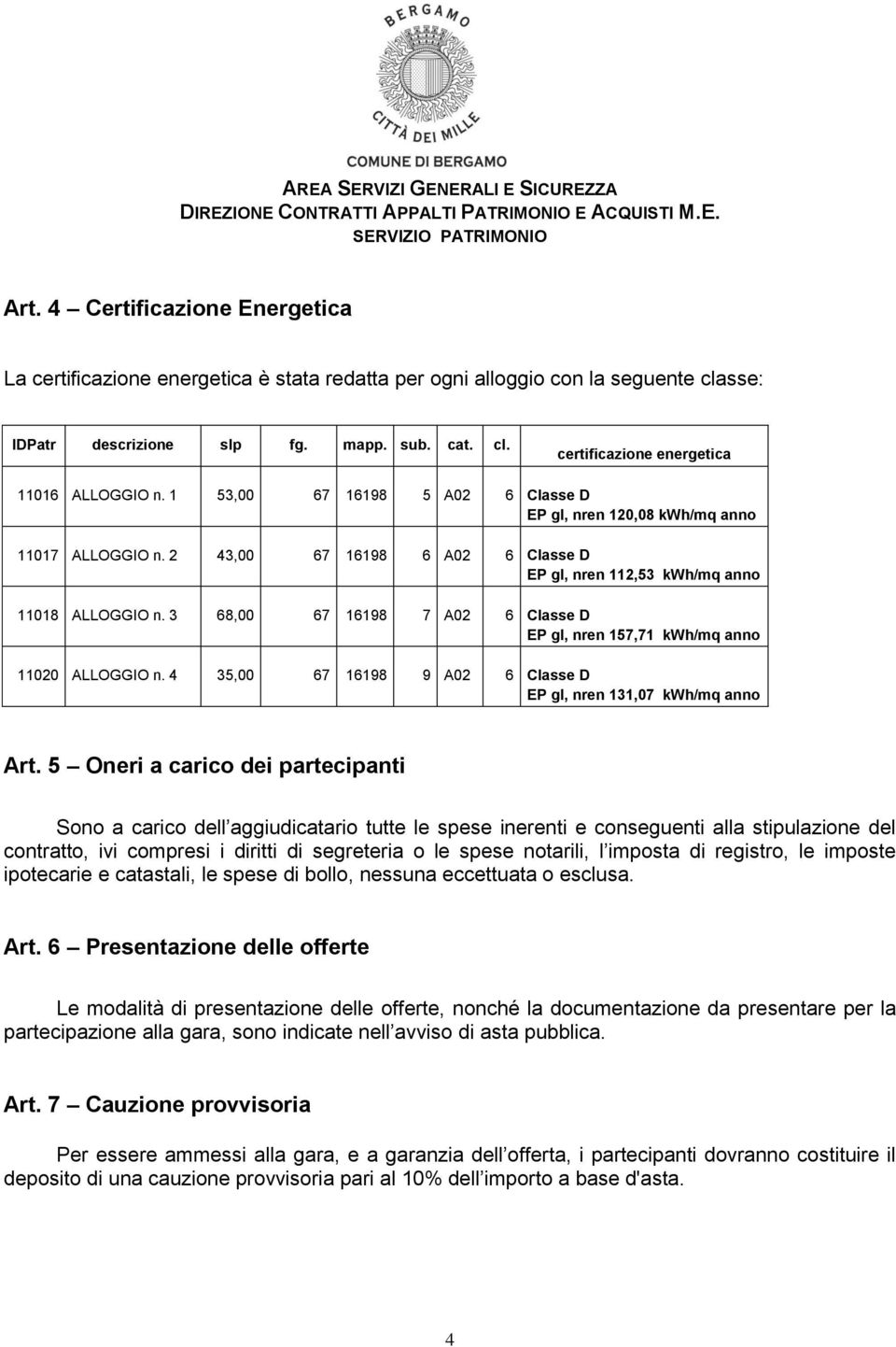 3 68,00 67 16198 7 A02 6 Classe D EP gl, nren 157,71 kwh/mq anno 11020 ALLOGGIO n. 4 35,00 67 16198 9 A02 6 Classe D EP gl, nren 131,07 kwh/mq anno Art.