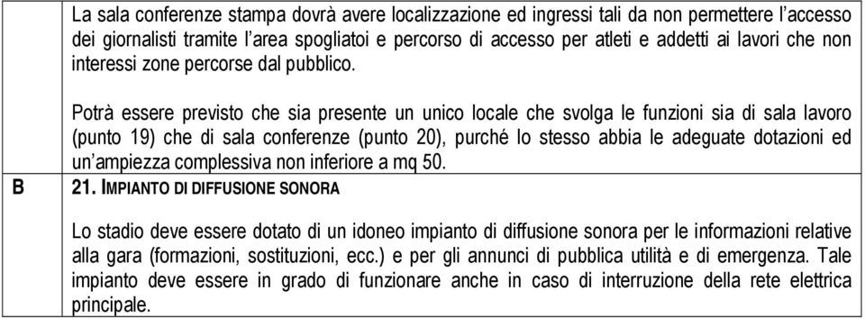 Potrà essere previsto che sia presente un unico locale che svolga le funzioni sia di sala lavoro (punto 19) che di sala conferenze (punto 20), purché lo stesso abbia le adeguate dotazioni ed un