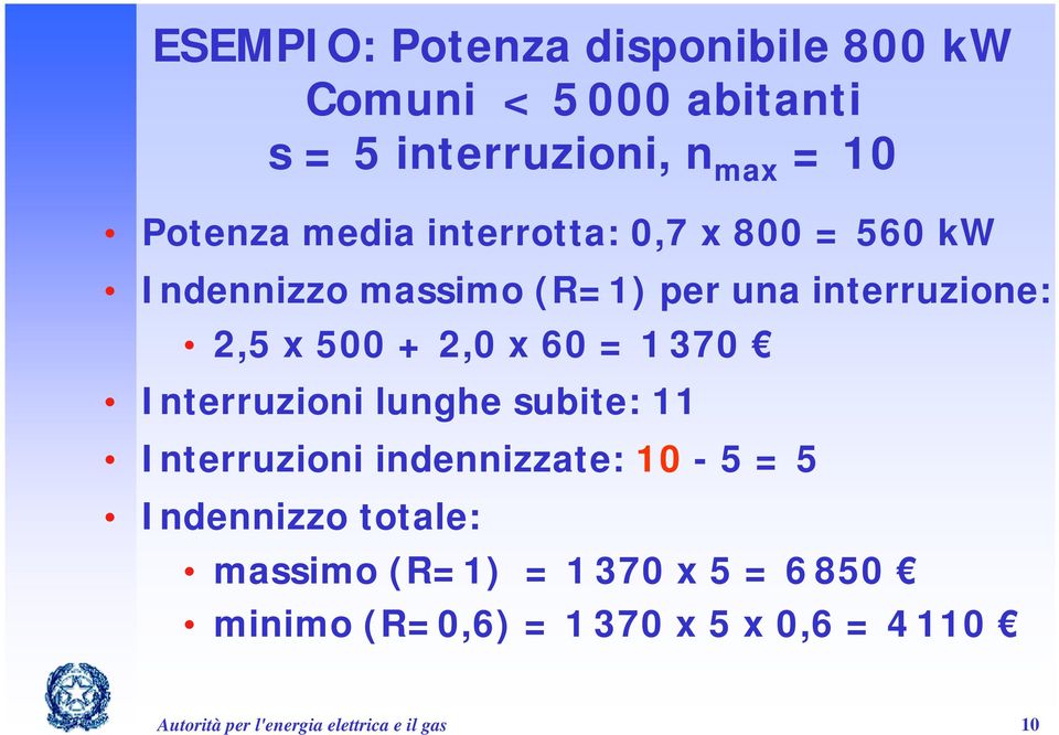 370 Interruzioni lunghe subite: 11 Interruzioni indennizzate: 10-5 = 5 Indennizzo totale: massimo (R=1)