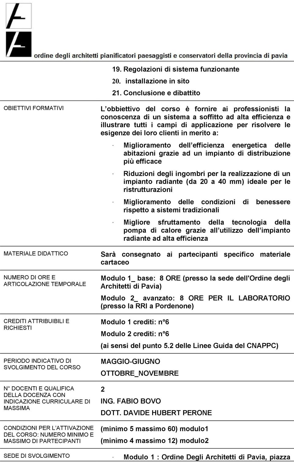 QUALIFICA DELLA DOCENZA CON INDICAZIONE CURRICULARE DI MASSIMA CONDIZIONI PER L ATTIVAZIONE DEL CORSO: NUMERO MINIMO E MASSIMO DI PARTECIPANTI L obbiettivo del corso è fornire ai professionisti la