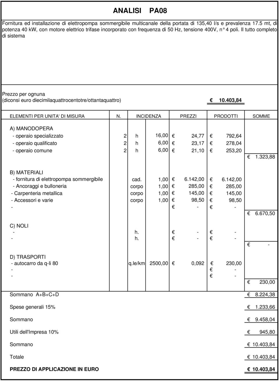 Il tutto completo di sistema Prezzo per ognuna (diconsi euro diecimilaquattrocentotre/ottantaquattro) 10.