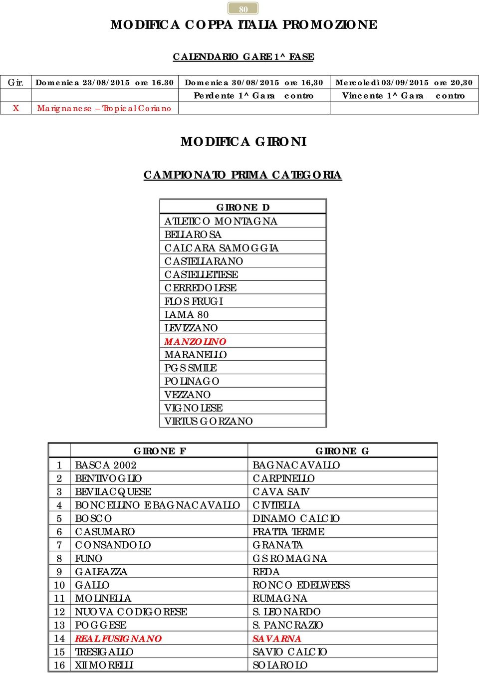 ATLETICO MONTAGNA BELLAROSA CALCARA SAMOGGIA CASTELLARANO CASTELLETTESE CERREDOLESE FLOS FRUGI LAMA 80 LEVIZZANO MANZOLINO MARANELLO PGS SMILE POLINAGO VEZZANO VIGNOLESE VIRTUS GORZANO GIRONE F