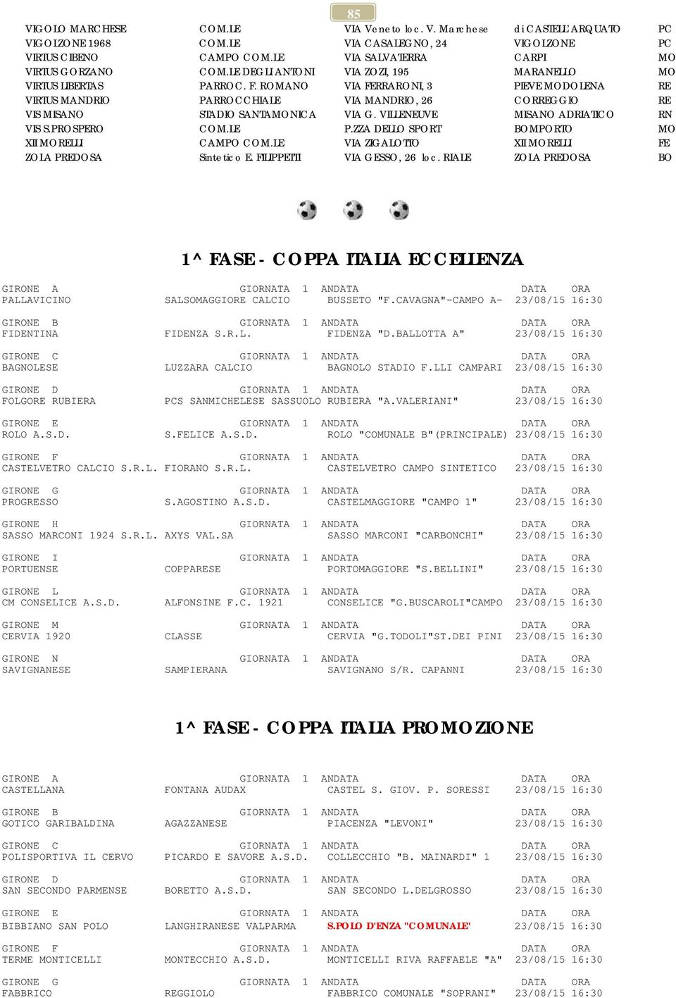 ROMANO VIA FERRARONI, 3 PIEVE MODOLENA RE VIRTUS MANDRIO PARROCCHIALE VIA MANDRIO, 26 CORREGGIO RE VIS MISANO STADIO SANTAMONICA VIA G. VILLENEUVE MISANO ADRIATICO RN VIS S.PROSPERO COM.LE P.