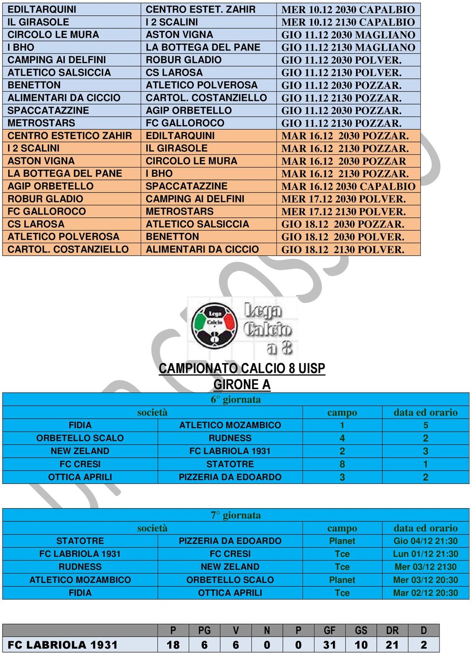 ALIMENTARI DA CICCIO CARTOL. COSTANZIELLO GIO 11.12 2130 POZZAR. SPACCATAZZINE AGIP ORBETELLO GIO 11.12 2030 POZZAR. METROSTARS FC GALLOROCO GIO 11.12 2130 POZZAR. CENTRO ESTETICO ZAHIR EDILTARQUINI MAR 16.