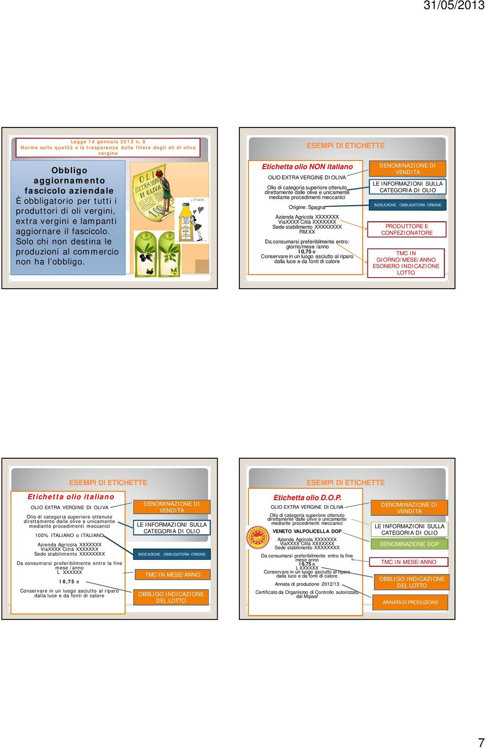 Etichetta olio NON italiano OLIO EXTRA VERGINE DI OLIVA Olio di categoria superiore ottenuto direttamente dalle olive e unicamente mediante procedimenti meccanici Origine Spagna Azienda Agricola