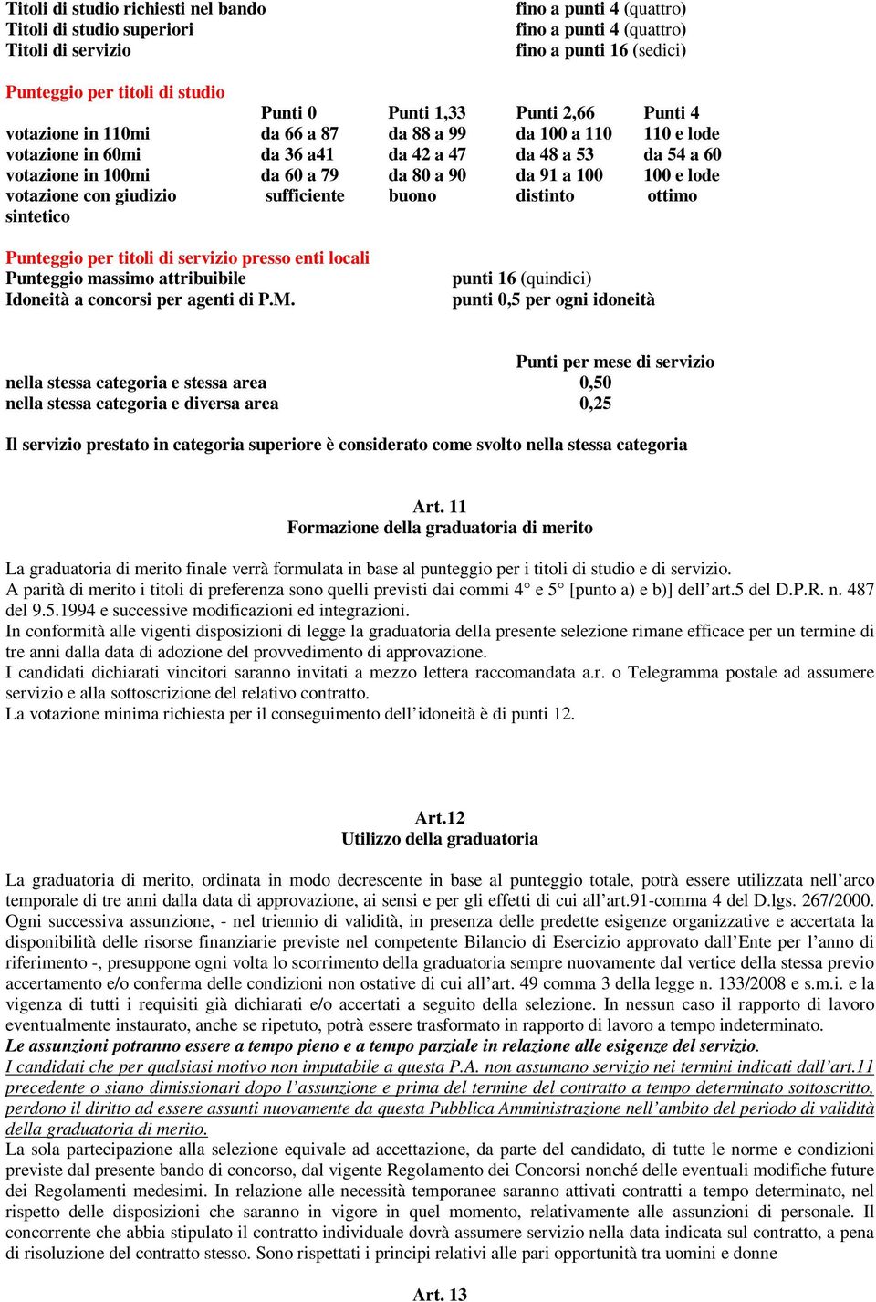 91 a 100 100 e lode votazione con giudizio sufficiente buono distinto ottimo sintetico Punteggio per titoli di servizio presso enti locali Punteggio massimo attribuibile Idoneità a concorsi per