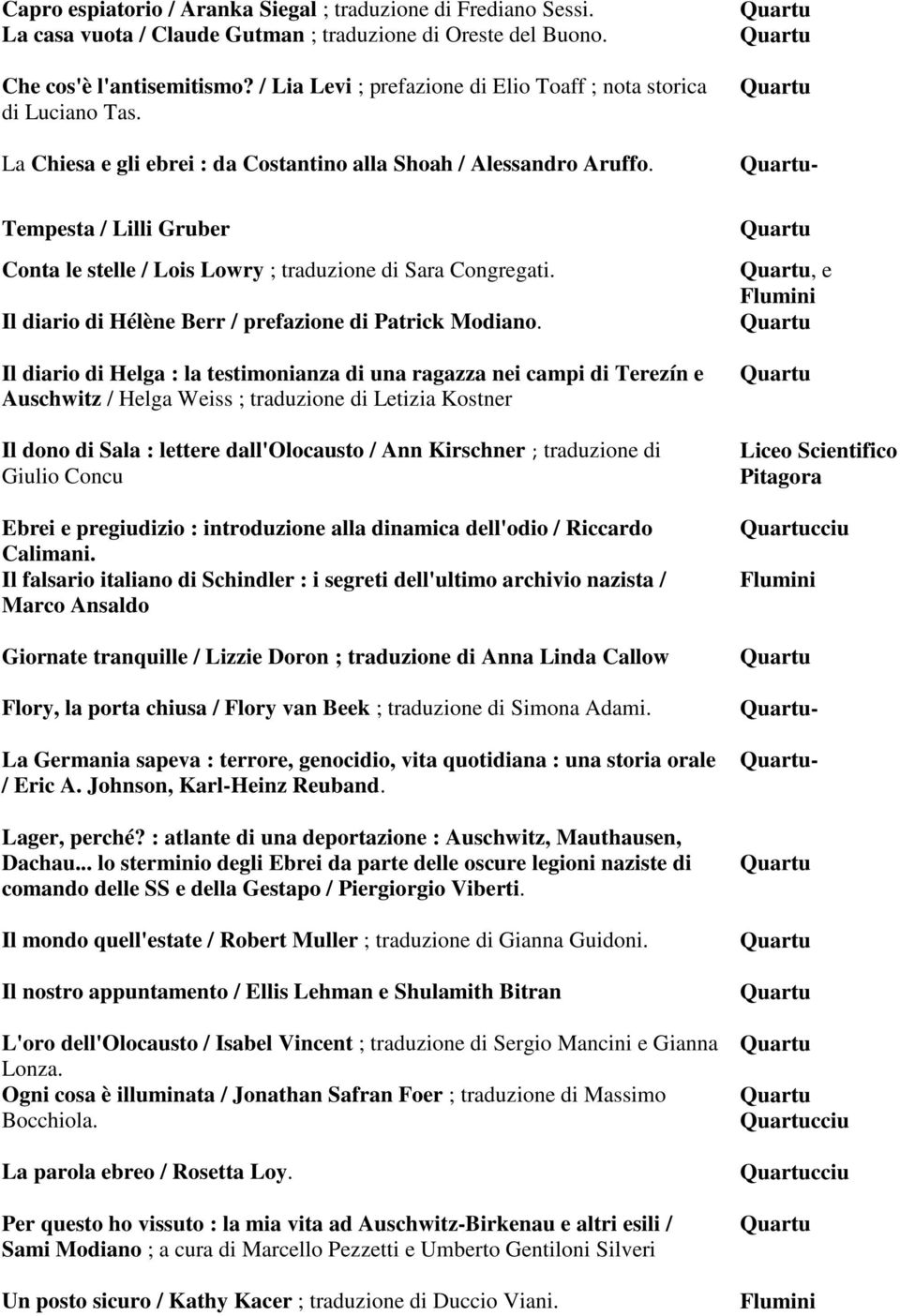 Tempesta / Lilli Gruber Conta le stelle / Lois Lowry ; traduzione di Sara Congregati. Il diario di Hélène Berr / prefazione di Patrick Modiano.