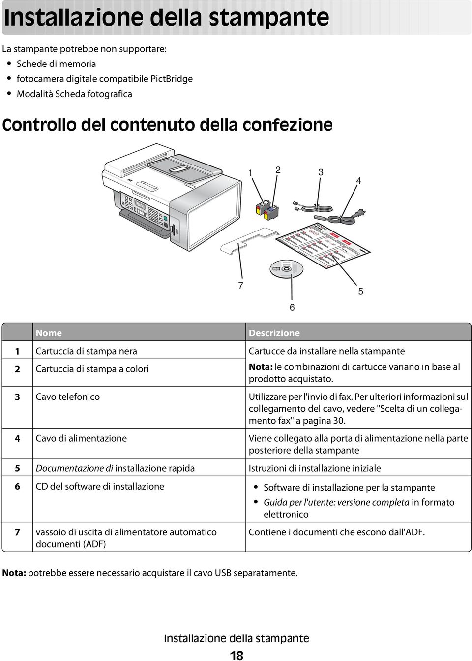 acquistato. 3 Cavo telefonico Utilizzare per l'invio di fax. Per ulteriori informazioni sul collegamento del cavo, vedere "Scelta di un collegamento fax" a pagina 30.