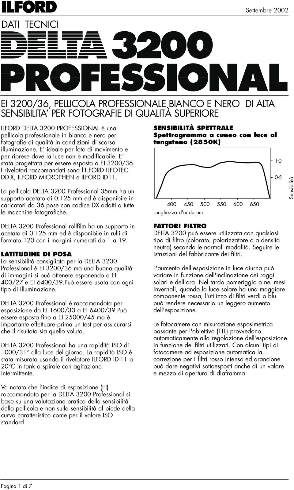 E stata progettata per essere esposta a EI 3200/36. I rivelatori raccomandati sono l'ilford ILFOTEC DD-X, ILFORD MICROPHEN e ILFORD ID11.