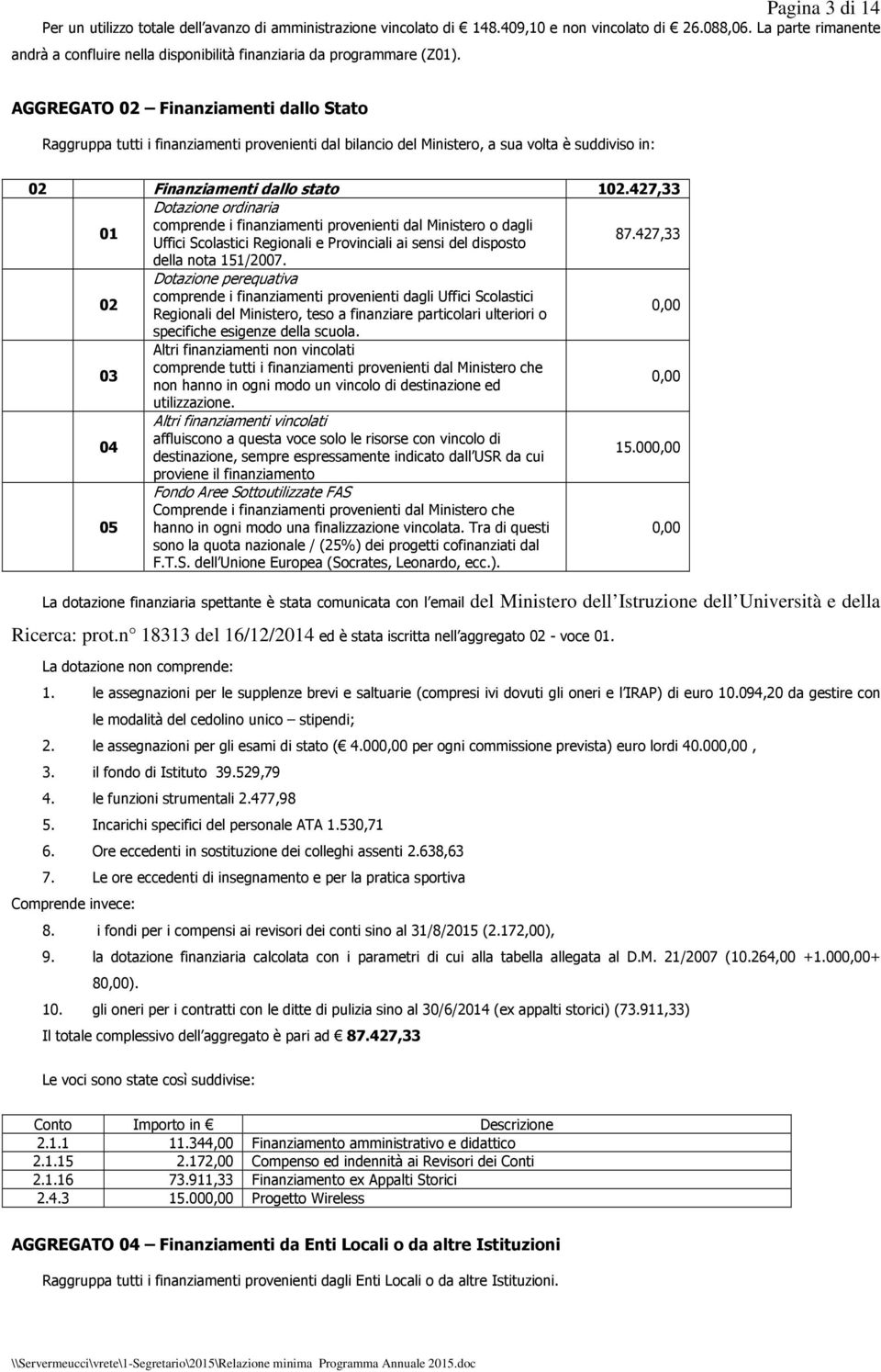 AGGREGATO 02 Finanziamenti dallo Stato Raggruppa tutti i finanziamenti provenienti dal bilancio del Ministero, a sua volta è suddiviso in: 02 Finanziamenti dallo stato 102.