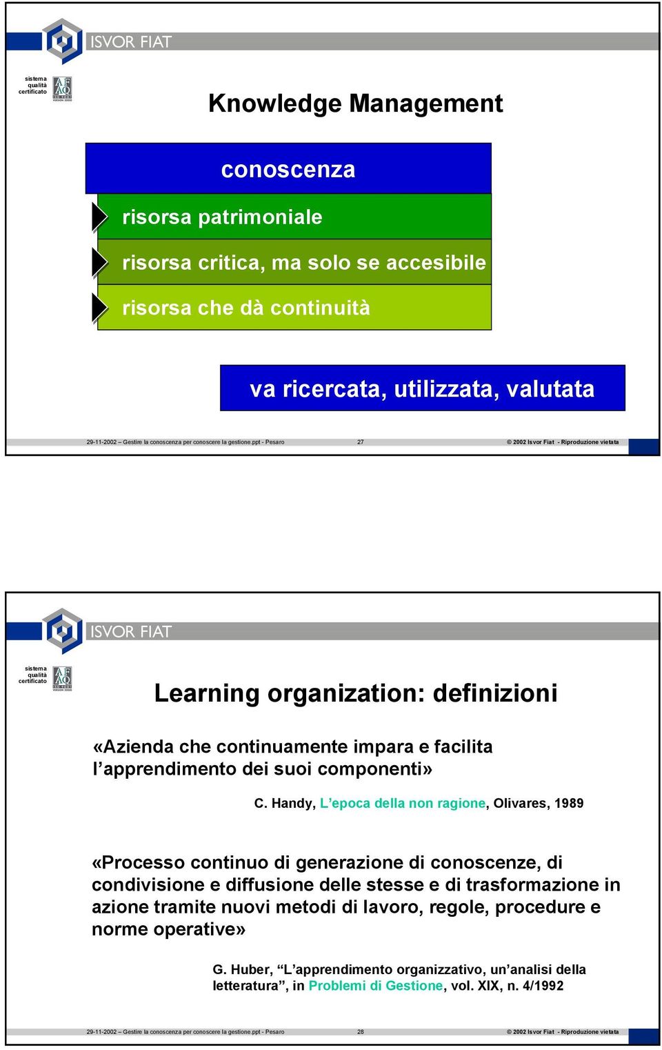 Handy, L epoca della non ragione, Olivares, 1989 «Processo continuo di generazione di conoscenze, di condivisione e diffusione delle stesse e di trasformazione in azione tramite nuovi metodi di