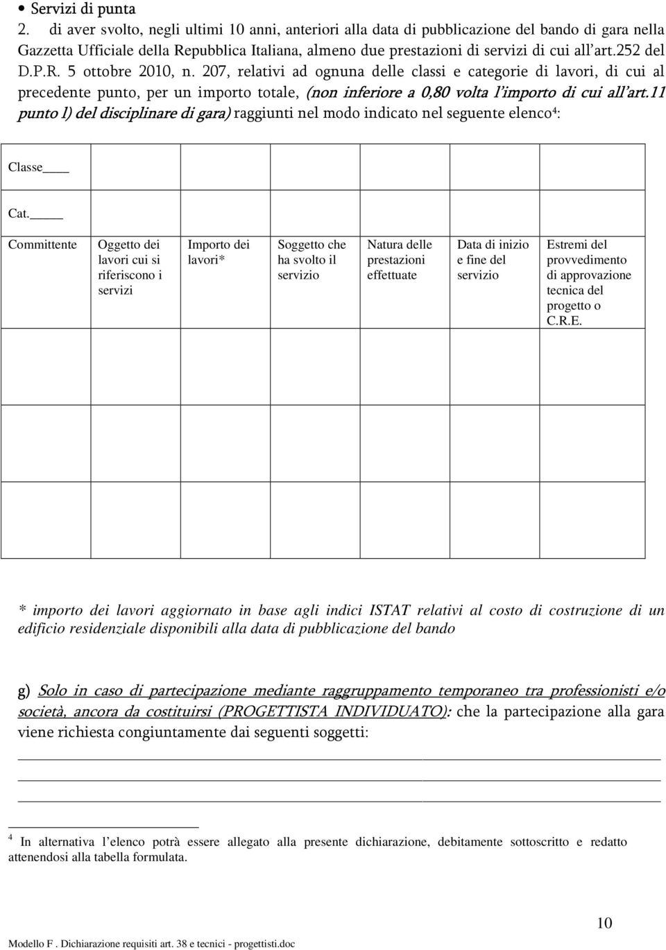 252 del D.P.R. 5 ottobre 2010, n. 207, relativi ad ognuna delle classi e categorie di lavori, di cui al precedente punto, per un importo totale, (non inferiore a 0,80 volta l importo di cui all art.