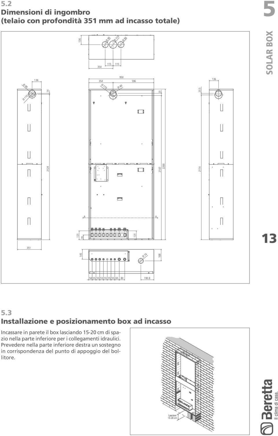 8 5.3 Installazione e posizionamento box ad incasso Incassare in parete il box lasciando 15-20 cm di spazio nella parte inferiore