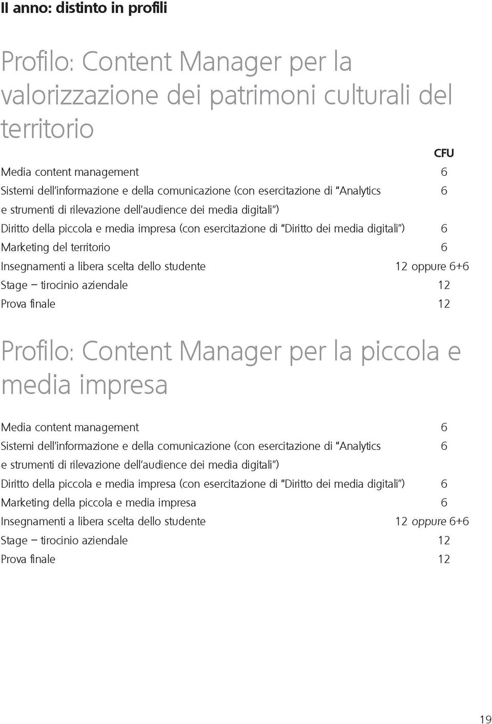 territorio 6 Insegnamenti a libera scelta dello studente 12 oppure 6+6 Stage tirocinio aziendale 12 Prova finale 12 Profilo: Content Manager per la piccola e media impresa Media content management 6