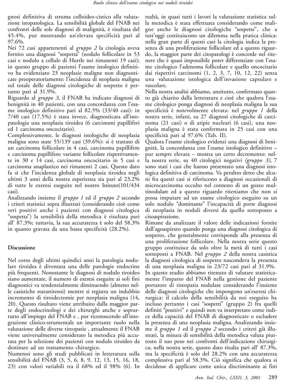 Nei 72 casi appartenenti al gruppo 2 la citologia aveva fornito una diagnosi sospetta (nodulo follicolare in 53 casi e nodulo a cellule di Hurtle nei rimanenti 19 casi); in questo gruppo di pazienti