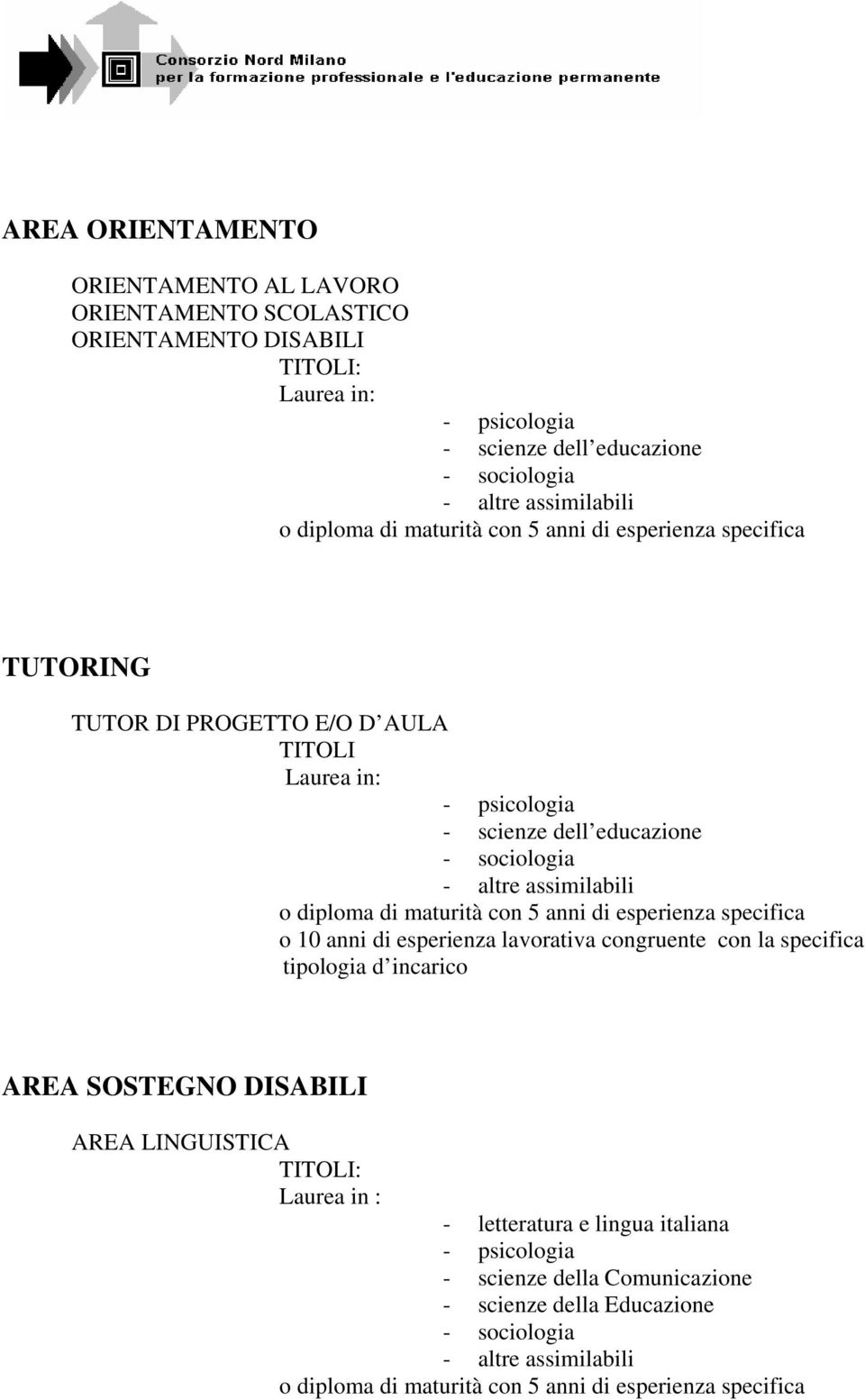 congruente con la specifica tipologia d incarico AREA SOSTEGNO DISABILI AREA LINGUISTICA