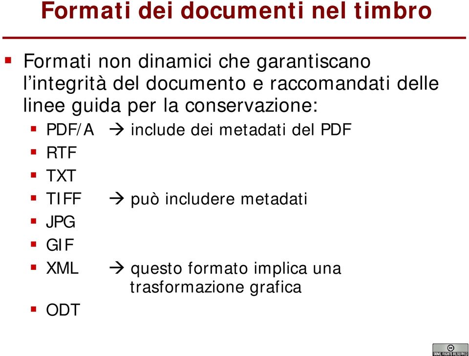 conservazione: PDF/A include dei metadati del PDF RTF TXT TIFF JPG GIF