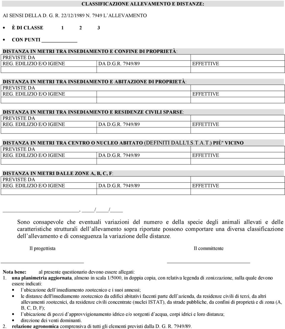 EDILIZIO E/O IGIENE EFFETTIVE DISTANZA IN METRI TRA INSEDIAMENTO E RESIDENZE CIVILI SPARSE: PREVISTE DA REG. EDILIZIO E/O IGIENE DA D.G.R. 7949/89 EFFETTIVE DISTANZA IN METRI TRA CENTRO O NUCLEO ABITATO (DEFINITI DALL'I.