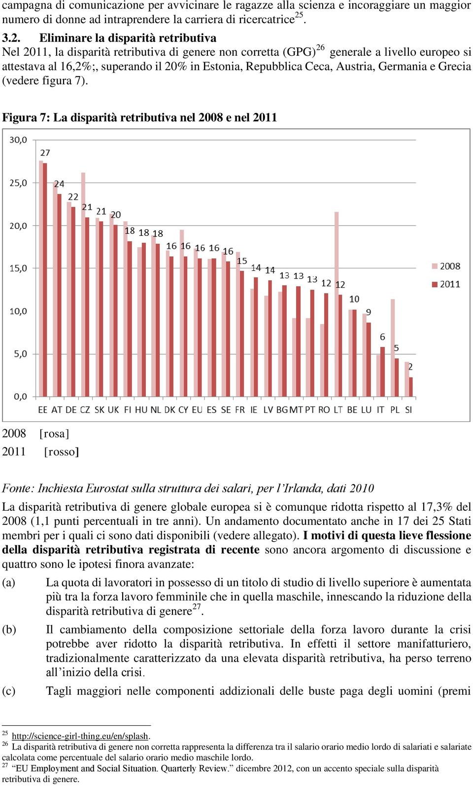 Eliminare la disparità retributiva Nel 2011, la disparità retributiva di genere non corretta (GPG) 26 generale a livello europeo si attestava al 16,2%;, superando il 20% in Estonia, Repubblica Ceca,