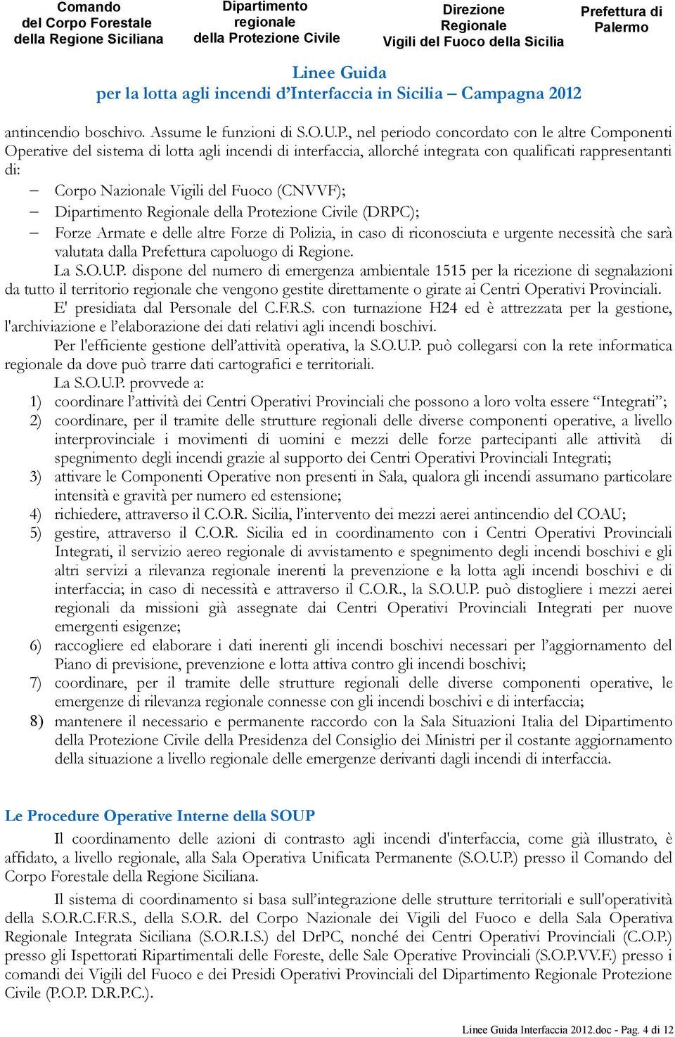 (CNVVF); Dipartimento regionale della Protezione Civile Direzione Regionale Vigili del Fuoco della Sicilia Prefettura di Palermo Dipartimento Regionale della Protezione Civile (DRPC); Forze Armate e