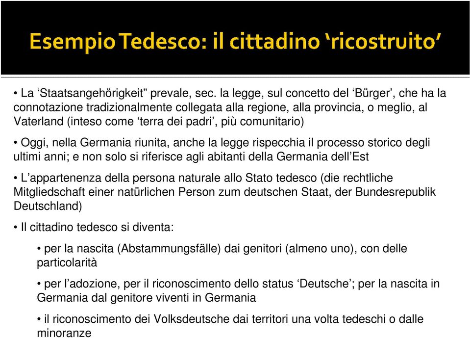 Germania riunita, anche la legge rispecchia il processo storico degli ultimi anni; e non solo si riferisce agli abitanti della Germania dell Est L appartenenza della persona naturale allo Stato