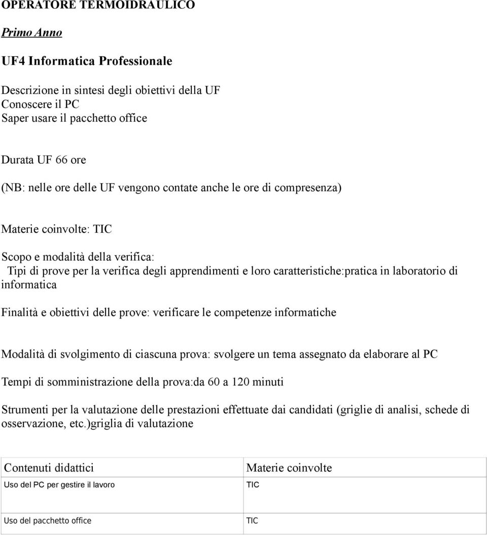 verificare le competenze informatiche Modalità di svolgimento di ciascuna prova: svolgere un tema assegnato da elaborare al PC Tempi di