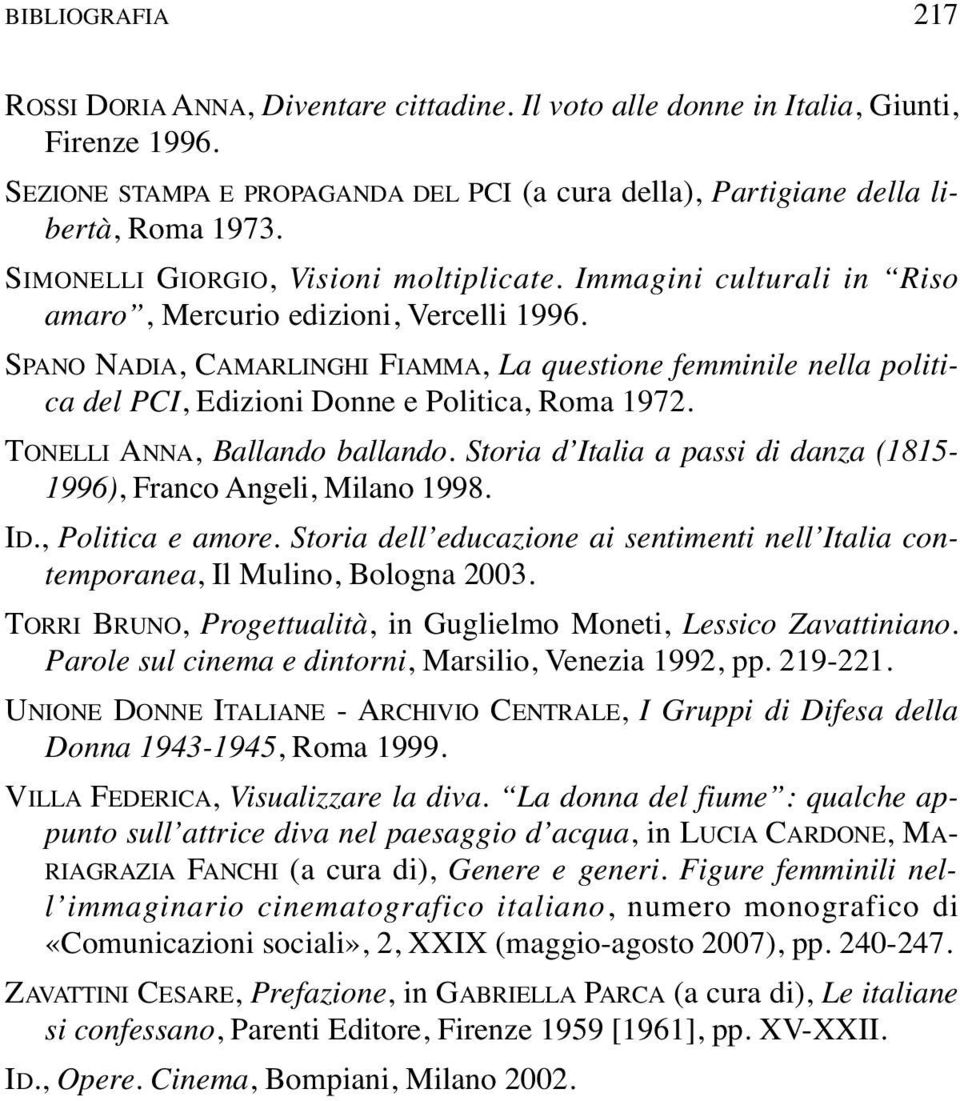 SPANO NADIA, CAMARLINGHI FIAMMA, La questione femminile nella politica del PCI, Edizioni Donne e Politica, Roma 1972. TONELLI ANNA, Ballando ballando.