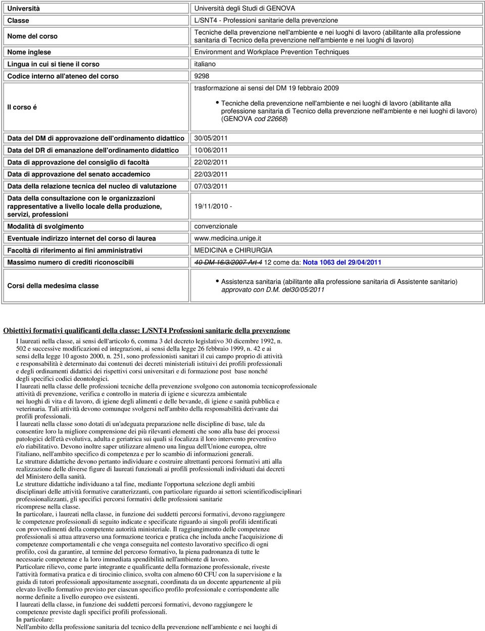 Codice interno all'ateneo del corso 9298 trasformazione ai sensi del DM 19 febbraio 2009 Il corso é Tecniche della prevenzione nell'ambiente e nei luoghi di lavoro (abilitante alla professione