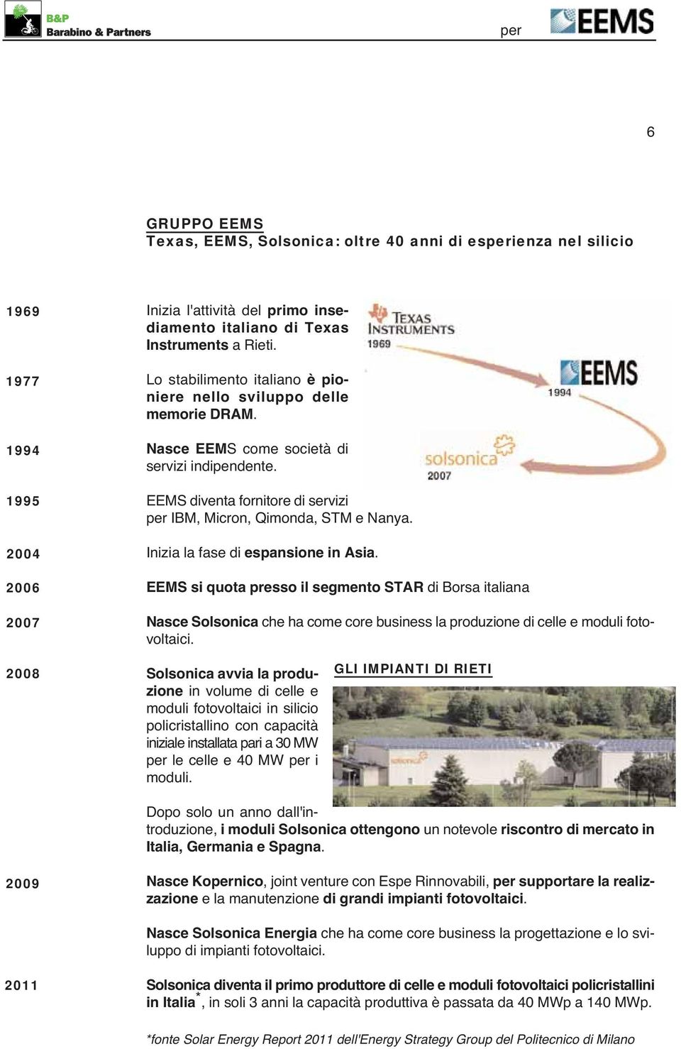 Inizia la fase di espansione in Asia. EEMS si quota presso il segmento STAR di Borsa italiana Nasce Solsonica che ha come core business la produzione di celle e moduli fotovoltaici.